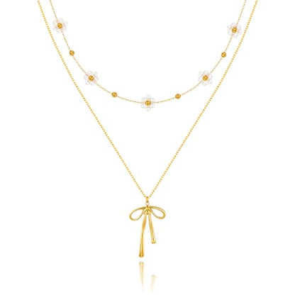 KSF Gold Lariat Necklace for Women Y Shaped Layered CZ Drop Chain | Y shaped necklace; Layered CZ detail; Long lariat style; Gift for her - color: Gold-Bow