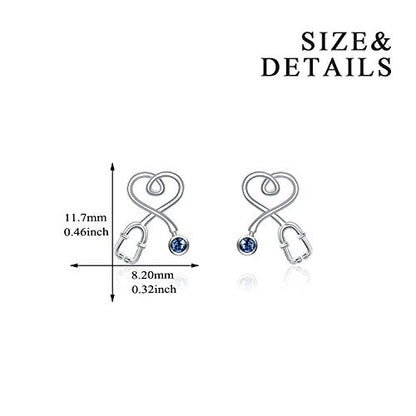 Stethoscope Earrings 925 Sterling Silver Heart Studs Earrings 12 Months Birthstone Crystals from Austria, Graduation Jewelry Gifts for Nurse Doctor RN Medical Student - color: Blue