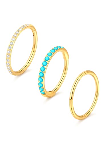 Oveta 3PCS 20G Nose Rings Hoop 8mm, Surgical Steel Tragus Helix Conch Piercing Jewelry Higned Segment Clicker Cartilage Hoop Earrings for Women Men, Silver/Gold - color: Gold