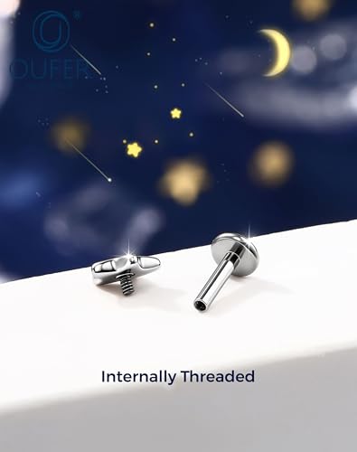 OUFER 16G Spiral Star Internally Threaded Flat Back Helix Stud 316L Surgical Stainless Steel 6mm Cartilage Tragus Nose Conch Daith Medusa Labret Piercing Jewelry for Women Men
