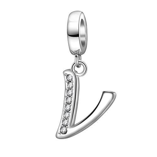 925 Sterling Silver Initial Charm fits Pandora, Gift for Mom Wife | Christmas,Birthday,Mother's Day, Anniversary, Valentine's Day - color: Letter V