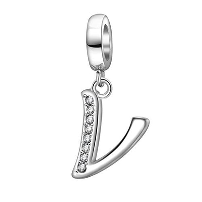 925 Sterling Silver Initial Charm fits Pandora, Gift for Mom Wife | Christmas,Birthday,Mother's Day, Anniversary, Valentine's Day - color: Letter V