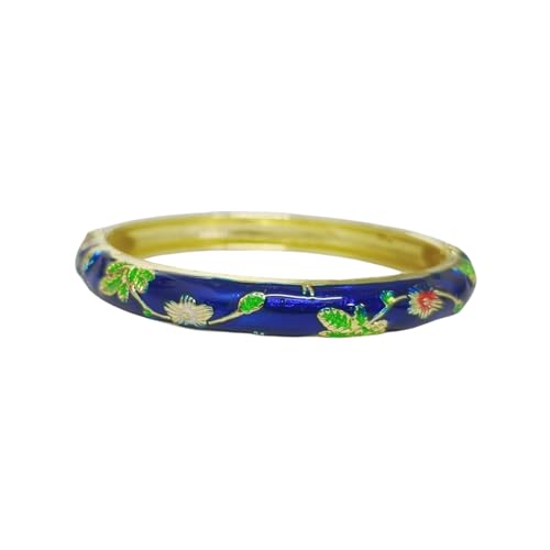 Cloisonne Bracelet For Women, Chunky Bangle Trendy Cute Flower Enamel Bangles Multi Tone Engraved Cuff Gold Plated Bracelets Stackable Wife Jewelry Friendship Gift - color: Dark Blue