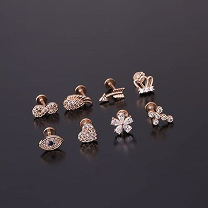 Cross Evil Eye Flower Love Heart CZ 16g Labret Cartilage Tragus Monroe Lip Nose Helix Studs Earrings Stainless Steel Cubic Zirconia Small Tiny Little Piercings Jewelry Gifts for Women Her Birthday Bff - style: rose gold