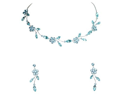 Faship Gorgeous Rhinestone Crystal Floral Necklace Earrings Set - color: Aqua