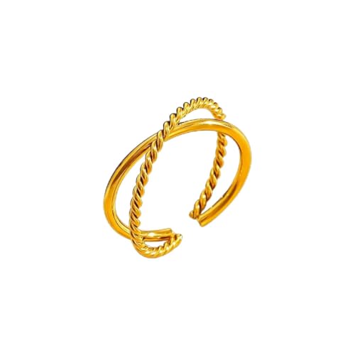 18K Gold Plated Adjustable Rings for Women, 316L Stainless Steel Open Band Gold Jewelry Collection, Hypoallergenic Size 6-9 Adjustable Stackable Rings, Tarnish Free Trendy Gift for Her - color: Twisted Wire