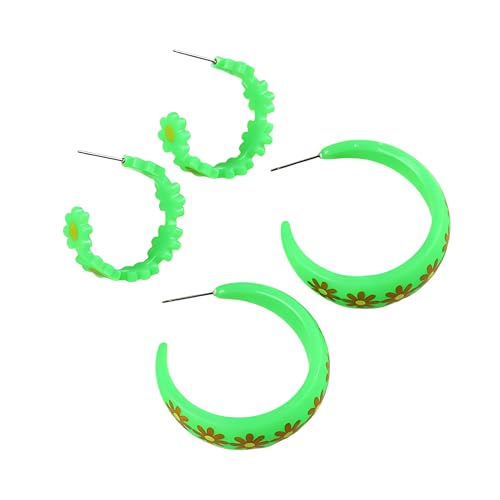 2Pairs Y2k Round Chunky Hoop Earrings Set Matte Acrylic Daisy Large Retro Neon Circle Earring 80s 90s Halloween Multicolor Loops for Women Summer Party Jewelry 80s Outfit Accessorie - color: Green