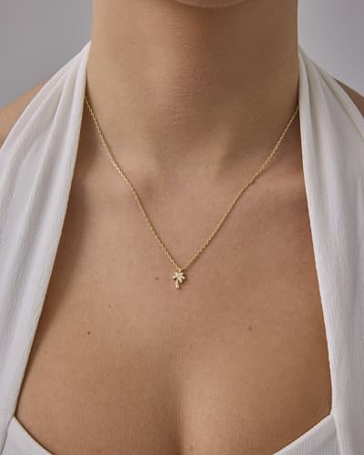 PAVOI 14K Gold Plated Dainty Cubic Zirconia Pendant Necklace for Women | Dot, Elephant, Butterfly, Pineapple, Lock, Knot, Palm Tree, Bow, Smiley Pendant | Layering Chain Necklaces - style: Palm Tree