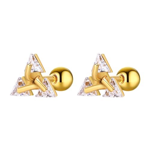 Unisex Geometric Triangle Stud Earrings, Stainless Steel Minimalist Cubic Zirconia Pierced Post Earrings for Men Women - style: Three Zircons-Gold