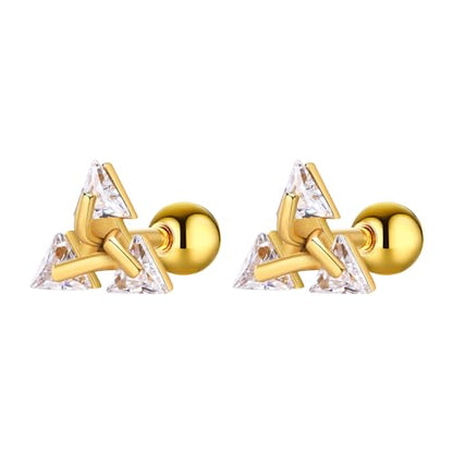 Unisex Geometric Triangle Stud Earrings, Stainless Steel Minimalist Cubic Zirconia Pierced Post Earrings for Men Women - style: Three Zircons-Gold
