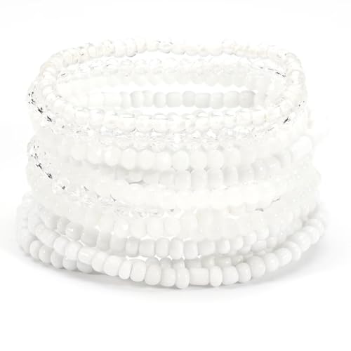 Bohemian Multilayer Beaded Stackable Stretch Bracelets for Women Colorful Crystal Glass Resin Seed Beads Elastic Wristbands BFF Friendship Summer Beach Hawaii Jewelry - color: White