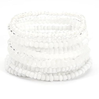 Bohemian Multilayer Beaded Stackable Stretch Bracelets for Women Colorful Crystal Glass Resin Seed Beads Elastic Wristbands BFF Friendship Summer Beach Hawaii Jewelry - color: White
