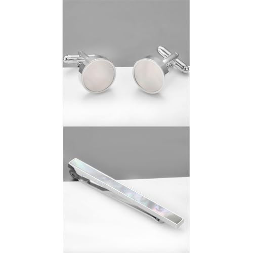 Shell Tie Clip Cufflinks Set for Men Business Gold Silver Tie Bar Cuffs Wedding Party Suit Jewelry Gift - style: Silver