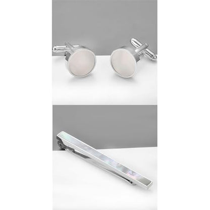 Shell Tie Clip Cufflinks Set for Men Business Gold Silver Tie Bar Cuffs Wedding Party Suit Jewelry Gift - style: Silver