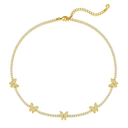 Luxval Tennis Necklace 14K Gold Plated Rhinestone Butterfly Choker Necklaces for women Dainty Zirconia Cut Faux Diamond chain 3mm - color: Gold-butterfly
