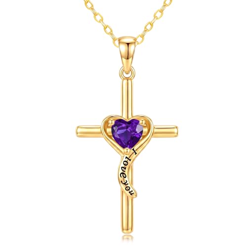 14K Gold Cross Necklace for Women Dainty Birthstone Pendant | Heart I Love You Romantic Jewelry Anniversary Christian Religious Baptism Birthday Gifts with 18"+2" Adjustable Chain - color: 14K Gold-02-Feb Birthstone