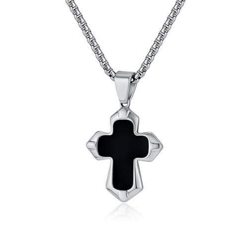 Unisex Stainless Steel Black Onyx Cross Pendant Necklace for Men Women,Titanium Steel Christian Cross Charm Jewelry Chain Necklace for Mens,Religious Jesus Christ Crucifix Cross Necklaces,24inch Chain
