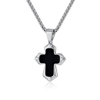 Unisex Stainless Steel Black Onyx Cross Pendant Necklace for Men Women,Titanium Steel Christian Cross Charm Jewelry Chain Necklace for Mens,Religious Jesus Christ Crucifix Cross Necklaces,24inch Chain