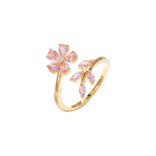 Kokoma Delicate Flower Leaf Wrap Finger Ring for Women Pink Cubic Zirconia Crystal Floral Statement Ring Promise Engagement Rings Adjustable Open Band - color: Pink