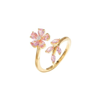 Kokoma Delicate Flower Leaf Wrap Finger Ring for Women Pink Cubic Zirconia Crystal Floral Statement Ring Promise Engagement Rings Adjustable Open Band - color: Pink