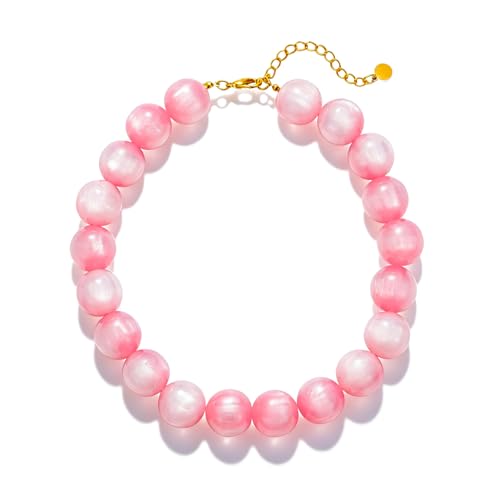 Beaded Necklace for Women Boho Chunky Large Round Beaded Statement Choker Trendy Adjustable Resin Necklaces Summer Beach Jewelry Gifts - color: Light Pink