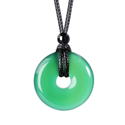 FANASY Natural Gemstone Pendant Necklce Lucky Coin Crystal Necklace Protection Donut Pendnat with Adjustable Rope for Men Women - color: Geen Chalcedony
