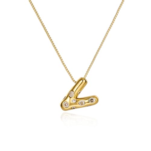 Cicy Bell Initial Necklace for Women 14k Gold Plated | Cubic Zirconia, Trendy, Personalized, Dainty Letter Pendant - color: V-Gold
