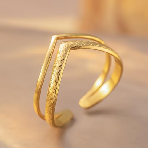Gold & Silver V Shaped Adjustable Ring, Simple Non Tarnish Stainless Steel Womens Rings, Dainty Open Band,Anillos.