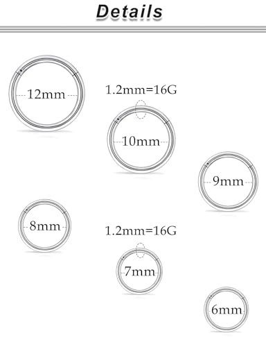 20G-2G Surgical Steel Hinged Clicker Septum Nose Rings Gauges Earrings Seamless Hoops Eyebrow Lip Ring Cliker Helix Tragus Daith Rook Earrings for Women Men - color: Silver, size: 16G(1.2mm)-6/7/8/9/10/12mm