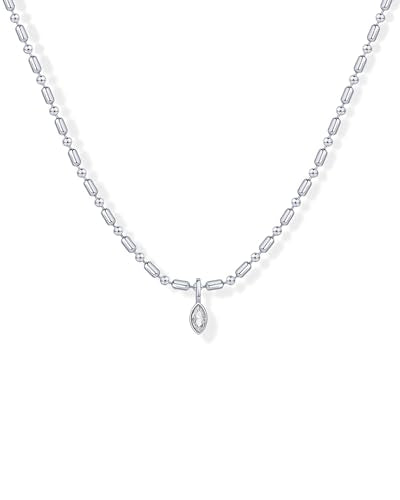 PAVOI 14K Gold Plated Dainty Bezel Set Solitaire Pendant Necklace for Women | Beaded Chain Necklace, Statement Necklace with Round, Princess, Marquise Cubic Zirconia Pendant - color: White Gold, style: Marquise
