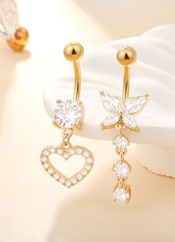 Leocuci Surgical Stainless Steel Dangle Belly Button Rings for Women Belly Ring Dangling Piercing Jewelry with Heart Flower Butterfly14G - color: gold