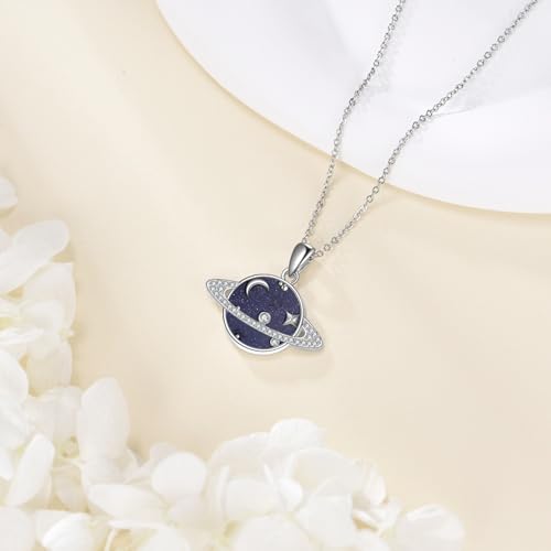Saturn Planet/Sun Moon and Star Necklace 925 Silver Sterling Galaxy Pendant Necklaces Celestial Jewelry Birthday Jewelry for Her Women Astronomy Lovers Gifts - style: Saturn Planet Necklace