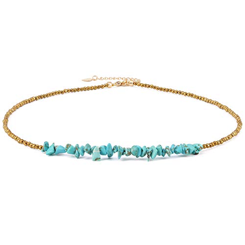 Aobei Pearl Gemstone Beaded Choker Necklace for Women Boho Turquoise/Cultured Freshwater Pearls/Garnet/Amazonite Jewelry - color: B Blue-greenTurquoise & Hematite