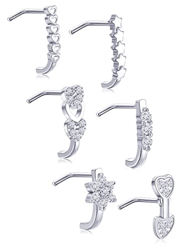 Akeoqi 6-12Pcs Nose Studs Nose Ring Inlaid Cubic Zirconia L Shaped Studs Lotus Star Heart Nose Nostril Piercing Jewelry for Women Men Sliver Gold Rose Gold Tone 20G - color: A: Silver