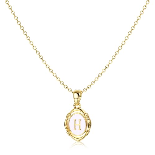 14K Gold Plated Initial Necklaces for Women, Letter Charm Pendant Necklace | Dainty Oval White Enamel Personalized Name Necklace, Trendy Jewelry with 16 inches Chain and 2 inches Extender - color: H