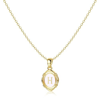 14K Gold Plated Initial Necklaces for Women, Letter Charm Pendant Necklace | Dainty Oval White Enamel Personalized Name Necklace, Trendy Jewelry with 16 inches Chain and 2 inches Extender - color: H
