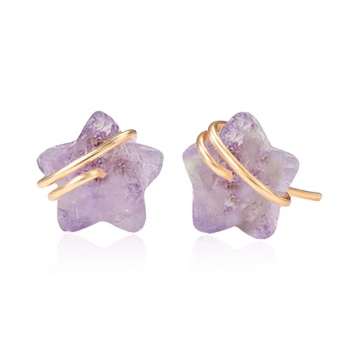 Raw Gemstone Star Stud Earrings for Women Handmade Star Chakra Healing Crystal Earrings Amethyst Raw Rose Quartz Gemstone Prong Stud Earrings Birthstone Jewelry Gift Ideas - color: Amethyst