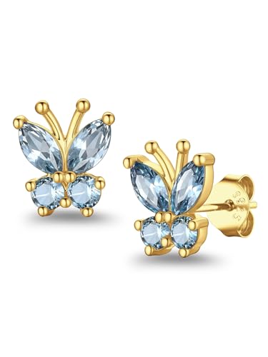 Suplight Butterfly Stud Earrings 925 Sterling Silver 14K Gold Brithstone Earrings for Women Brithstone Jewelry Gifts - color: 03.March( Aquamarine), size: Gold