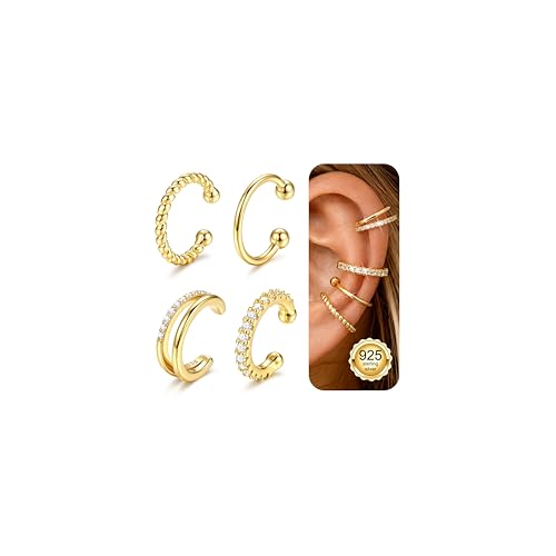 LOLIAS 925 Sterling Silver Ear Cuffs Non Piercing - 14K Gold Plated Ear Cuff Earrings for Women Adjustable Clip on Cartialge Earrings Non Pierced Fake Earring Stacks - color: 14K Gold-CZ Double Hoop