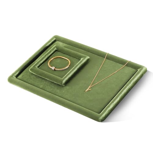 Velvet Jewelry Display Tray for Ring Earrings Necklace Bracelet Flat Tray - color: Olive Green, size: 12.99 × 9.06 in
