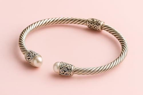 Pearl Gemstone Natural 925 Sterling Silver Ethnic Tribal Gypsy Bohemian Design Engraving Cuff Bracelet For Women Handmade Fashion Designer Bangle Bracelet Party Boho Jewelry