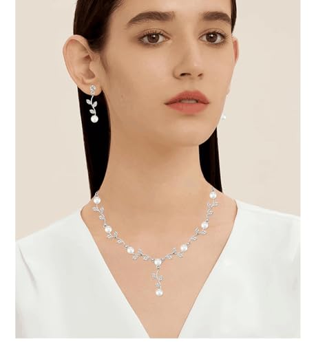 Elegant Bridal Jewelry Sets for Wedding Bride Leaf Shape Cubic Zirconia Necklace Earrings Bracelet Set Prom Costume Accessories - color: White CZ+White Pearl- Platinum
