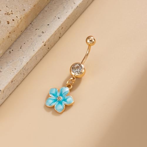 Flower Belly Button Ring for Women 14K Gold Plated Cubic Zirconia Navel Piercing Jewelry Stainless Steel CZ Crystal Charm Belly Ring Hypoallergenic Belly Bar for Women - color: Bue