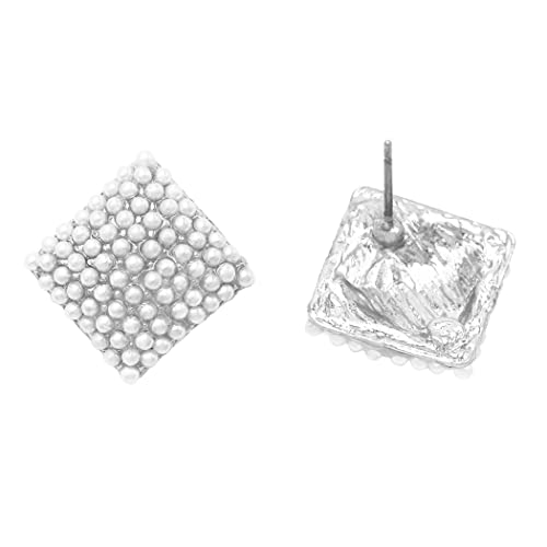 Rosemarie & Jubalee Women's Timeless Classic Simulated Pave Pearl Cluster Hypoallergenic Stud Earrings, 0.35" - color: Square Shape Silver Tone
