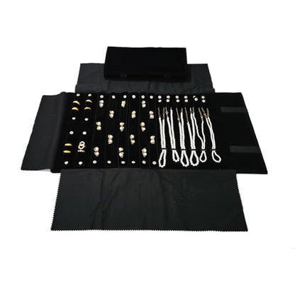 Velvet Travel Jewelry Case Roll Bag Organizer for Necklace Bracelet Earrings Ring (Black) (Black(2+6+6)) - color: Black (2+6+6)