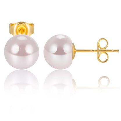 EAMTI Pearl Earrings for Women Trendy 18K Gold Plated Sterling Silver Freshwater Cultured Pearl Stud Earrings Hypoallergenic 5.5-9.5MM - color: Pink-purple, size: 8.6-9.5mm