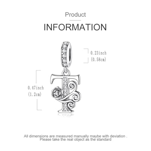 LNQOBU Complete A~Z Alphabet Charm Letter Beads, Solid 925 Sterling Silver with Cubic Stones Rose Alphabet Charm fits Pandora Bracelets Necklace Women Jewelry - color: CYT-T