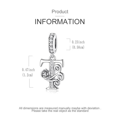 LNQOBU Complete A~Z Alphabet Charm Letter Beads, Solid 925 Sterling Silver with Cubic Stones Rose Alphabet Charm fits Pandora Bracelets Necklace Women Jewelry - color: CYT-T