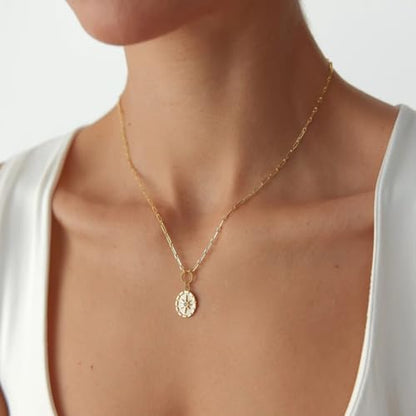 Dainty Necklace Initial Necklace For Women Round Moon star Clover Pendant Chain Coin Necklaces - color: R