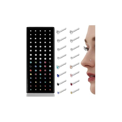 LOLIAS 80-160Pcs Surgical Steel Nose Rings Studs for Women Hypoallergenic | Straight or L Shaped Small Nose Studs Pin,Hypoallergenic 20G 22G Tiny Bone Nose Piercing Jewelry, 1.5/2/2.5/3 mm CZ Mix - color: 80Pcs 22G Straight（white&multicolor）